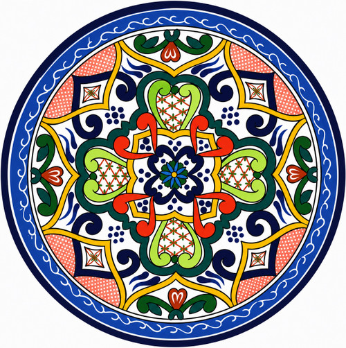 Blue medallion decorative talavera plate with green scrollwork design