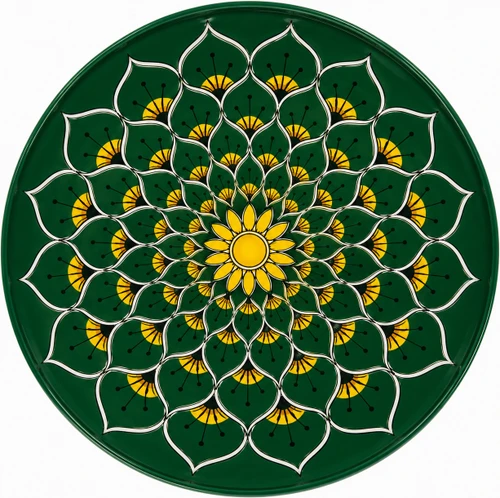 Bottle green decorative talavera plate with yellow mandala flower