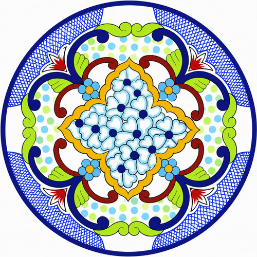 Blue floral decorative talavera plate with green scrollwork pattern