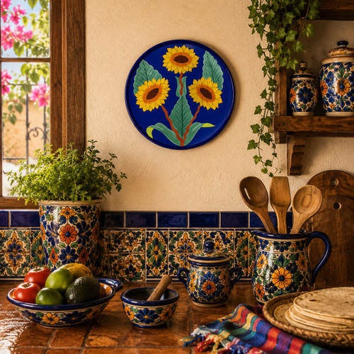 Sunflower decorative talavera Pplate with cobalt blue background displayed on a colorful Mexican kitchen wall with rustic wood accents