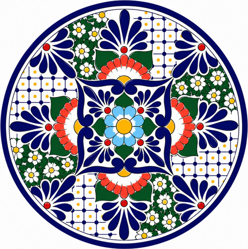 Blue floral geometric decorative talavera plate traditional Mexican design
