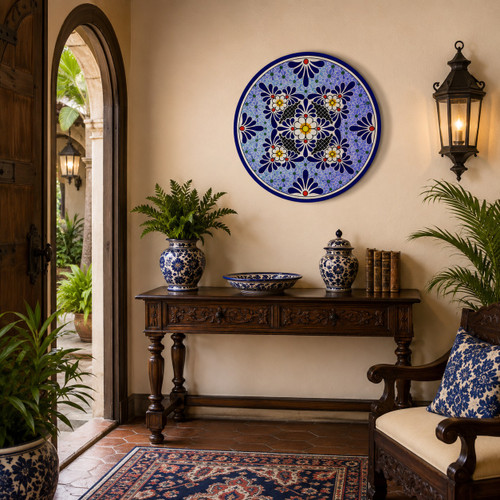 Blue white floral decorative talavera plate with cobalt rim showcased in a colonial entryway with timeless architectural details