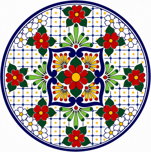 Red floral decorative talavera plate with blue geometric pattern