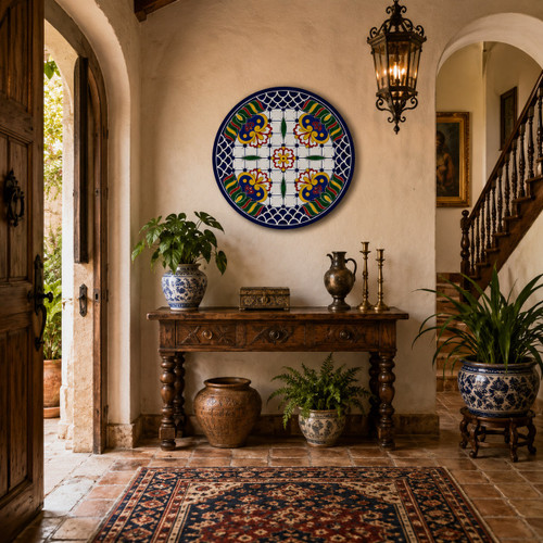 Cobalt blue floral decorative talavera plate with geometric border featured in a colonial entryway with traditional architectural details