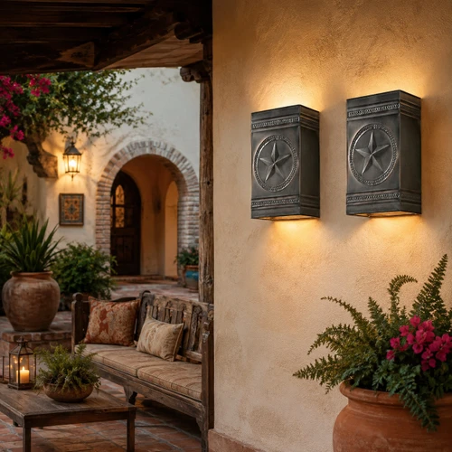 Two texas star embossed tin ranch wall sconces on a hacienda patio with warm stucco walls