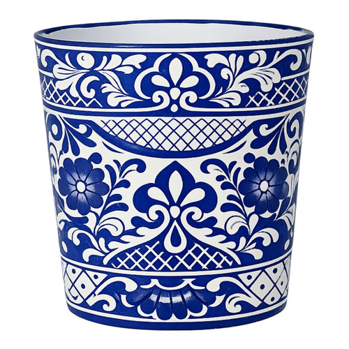 Talavera bathroom trash can hand painted with blue pattern over off white background