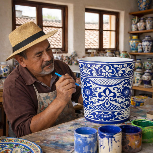 Senor Ernesto paiting this Talavera bathroom trash can hand painted with blue pattern over off white background in his Dolores Hidlago workshop