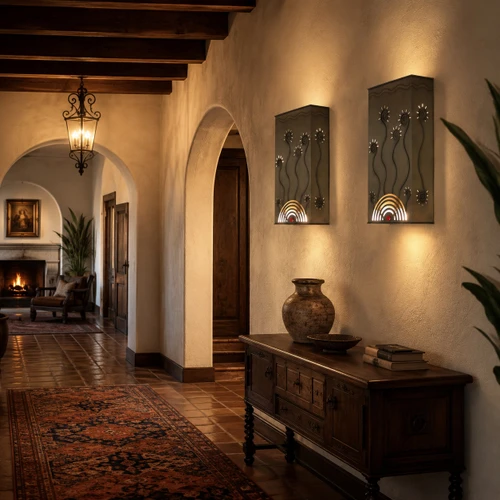 Two wall light shade with sun and rainbow design in a Spanish Revival hallway with arches