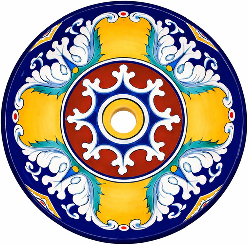 Round talavera bathroom sink yellow blue floral design