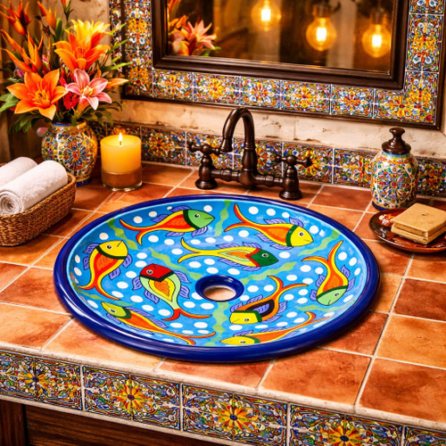 Round talavera bathroom sink colorful fish design in restaurant washroom with vibrant decor