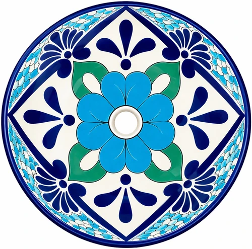 Round talavera bathroom sink turquoise floral design