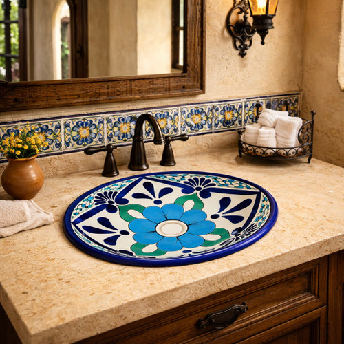 Round talavera bathroom sink turquoise floral design in hacienda bathroom with rustic decor