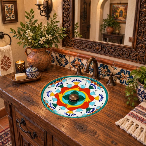 Round talavera drop-in bathroom sink terracotta floral design in a hacienda powder room