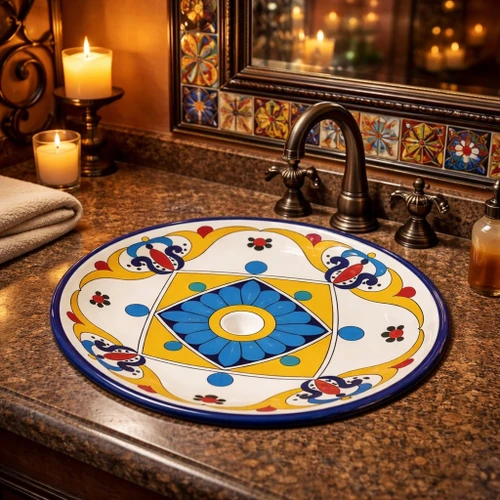 Round talavera bathroom sink blue flower design Mexico featured in a restaurant bathroom with ambient lighting and artisan decor