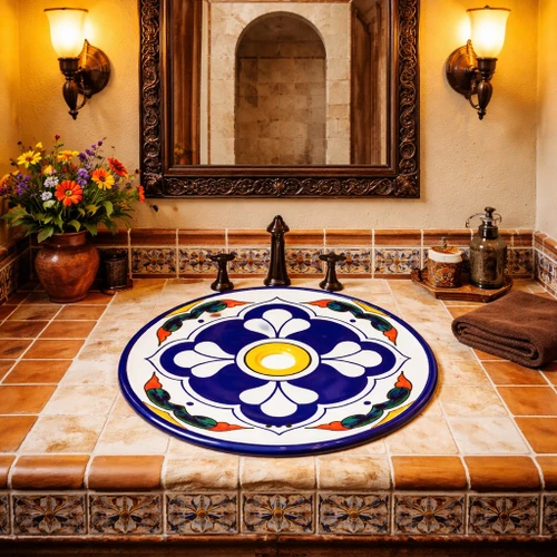 Round talavera bathroom sink blue floral design in Spanish bathroom with arches terracotta tones and iron details