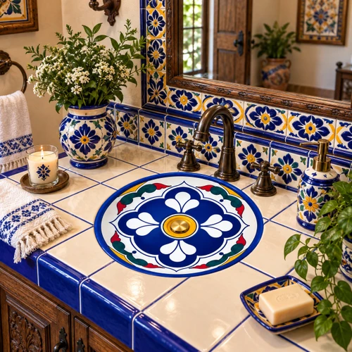 Round drop-in bathroom sink from Mexico with blue decorative design with talavera tile vanity
