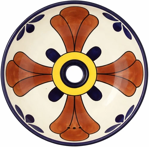 Round talavera bathroom sink terracotta cross pattern Mexico
