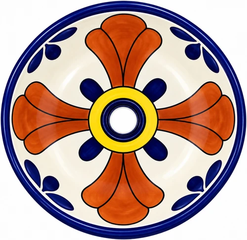 Round talavera bathroom sink terracotta cross pattern Mexico