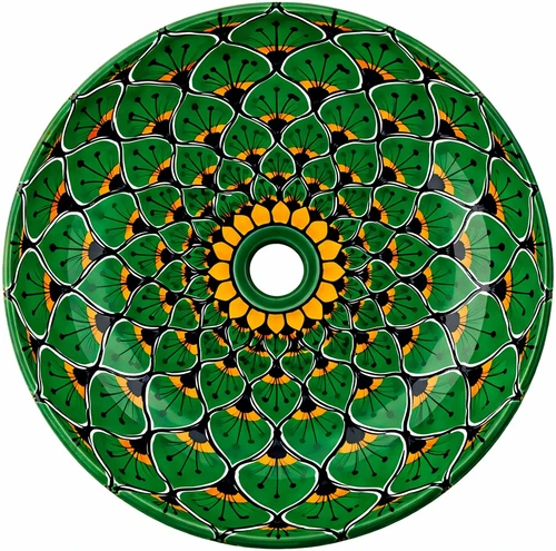 Round talavera bathroom sink green mandala design Mexico
