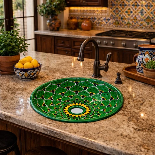 Round talavera bathroom sink green mandala design Mexico in a kitchen island with natural stone and wood cabinetry