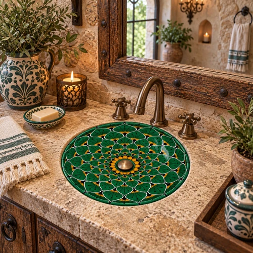 Round talavera bathroom sink green mandala design Mexico in a rustic stone bathroom
