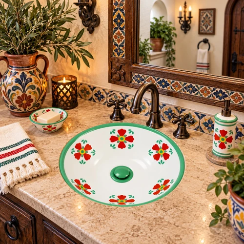 Round Mexican bathroom sink terracotta floral talavera style in a Spanish revival bathroom