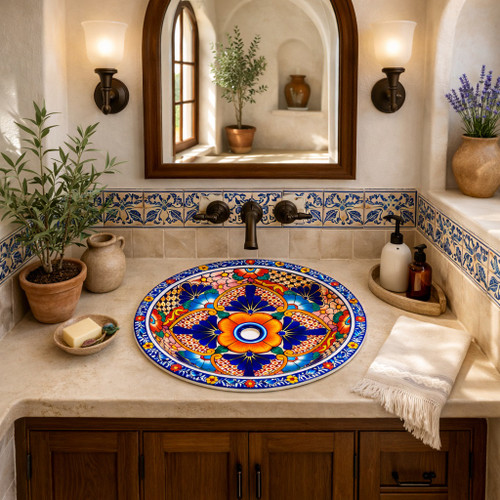 Round talavera bathroom sink multicolor floral Mexican design in Mediterranean bathroom with natural light