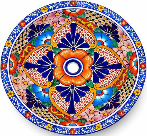 Round talavera bathroom sink multicolor floral Mexican design