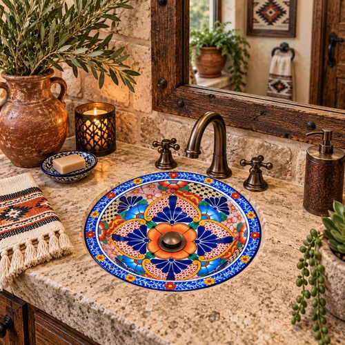 Round talavera bathroom sink multicolor floral Mexican design in a rustic stone bathroom