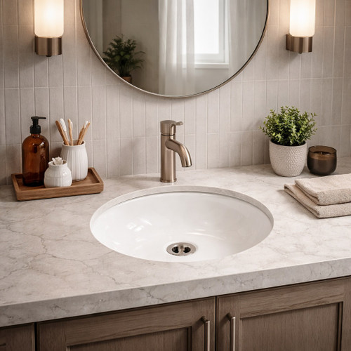 Round white talavera bathroom sink modern ceramic design in modern bathroom with clean vanity setup