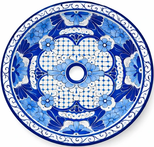 Round talavera bathroom sink blue floral Mexican design