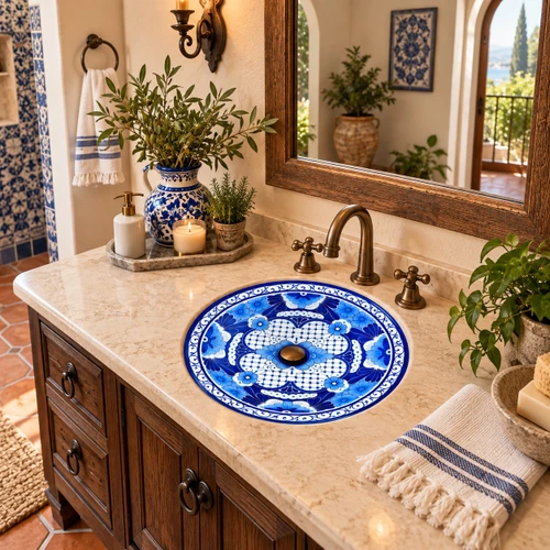 Round talavera bathroom sink blue floral Mexican design in a Mediterranean style bathroom