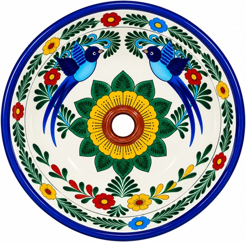 Round talavera bathroom sink bird floral design Mexico
