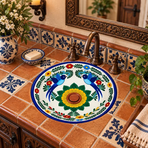 Round talavera bathroom sink bird floral design Mexico displayed in a Spanish Revival bathroom