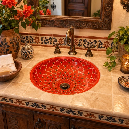Round talavera bathroom sink terracotta floral design in a hacienda bathroom with rustic elements