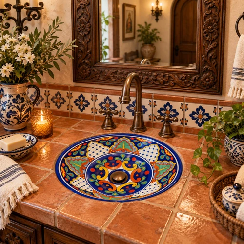 Round talavera bathroom sink blue ornate design Mexico in a Spanish Revival bathroom with tile vanity and warm lighting