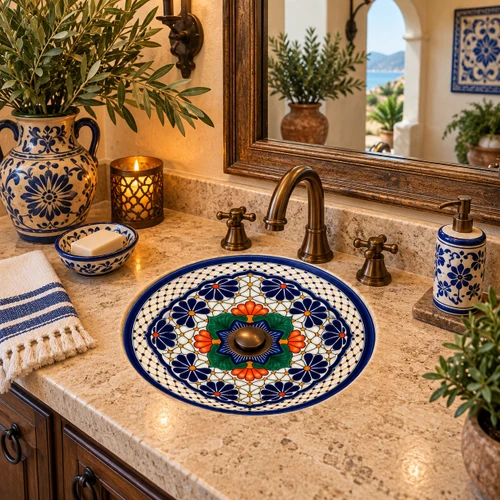 Round talavera bathroom sink floral Mexican design set in an elegant Mediterranean bathroom