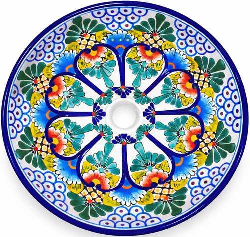 Round talavera bathroom sink blue floral design Mexico