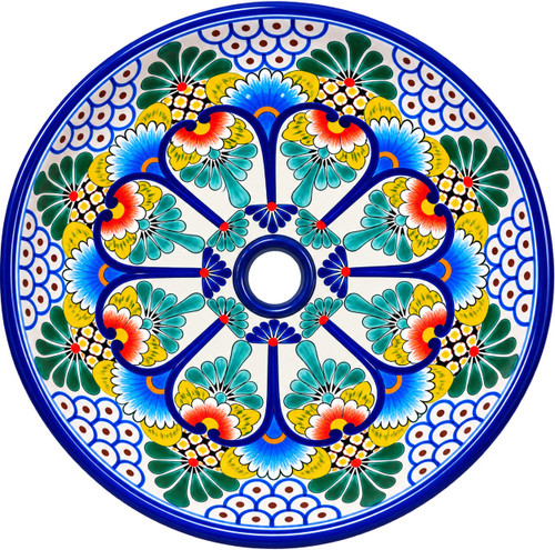 Round talavera bathroom sink blue floral design Mexico