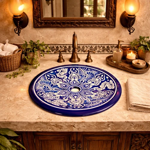 Round talavera bathroom sink blue white floral design in a hacienda bathroom with textured walls and open space