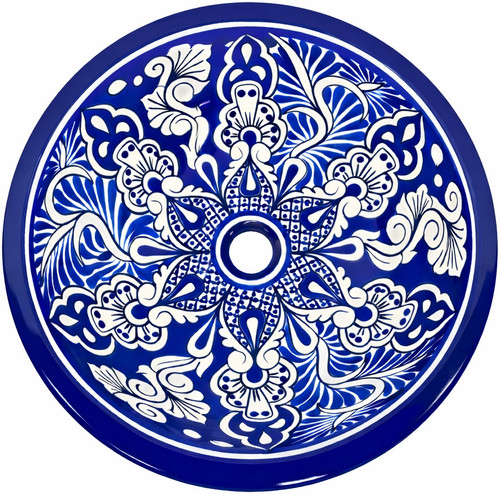 Round talavera bathroom sink blue white floral design