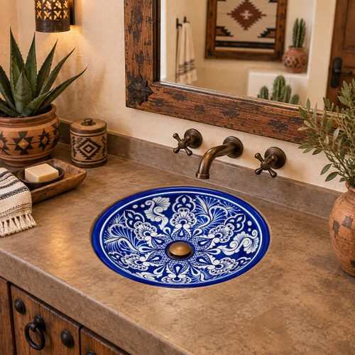 Round talavera bathroom sink blue white floral design in a rustic Southwestern bathroom