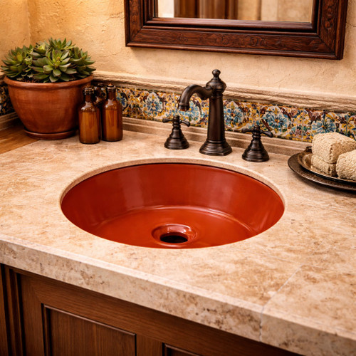 Round talavera bathroom sink solid terracotta ceramic design in hacienda bathroom setting
