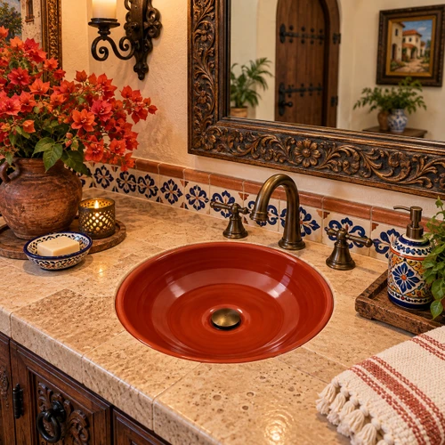 Round talavera bathroom sink solid terracotta ceramic design in hacienda powder room