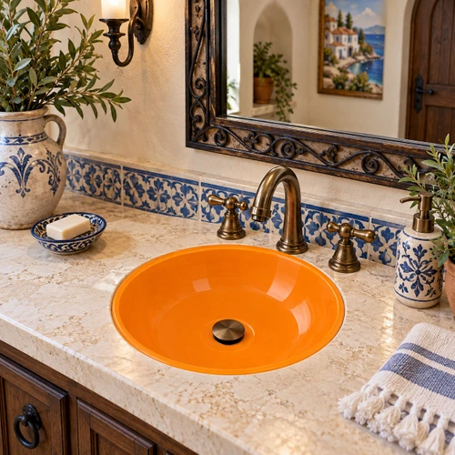 Round Mexican bathroom sink solid orange talavera design in a Mediterranean style bathroom
