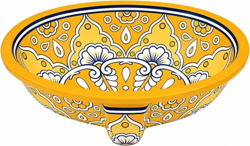 Golden floral talavera double sided hand painted oval bathroom sink
