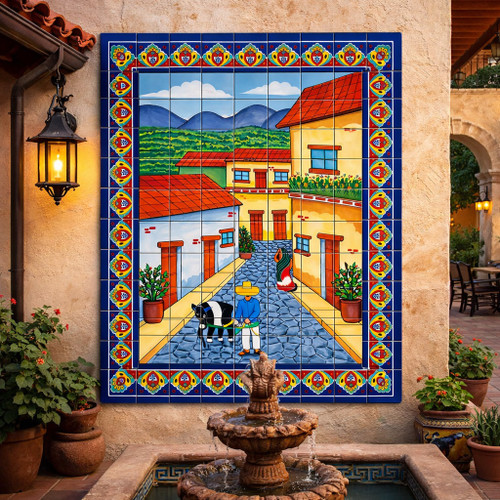 Mexican village talavera tile mural installed in Spanish Revival courtyard wall with traditional architecture