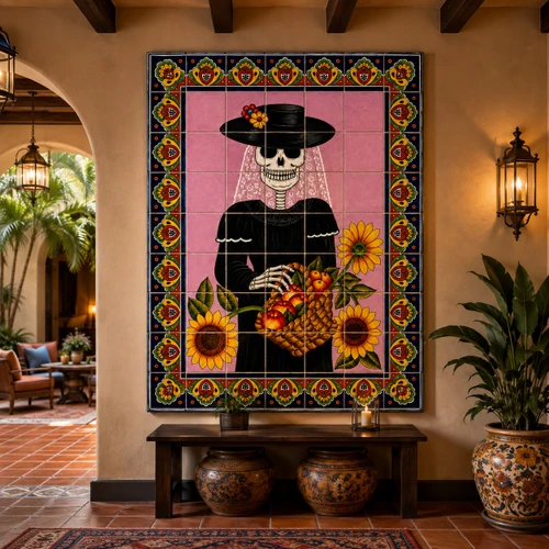 La catrina talavera tile mural in a boutique hotel with artisan decor and warm ambient lighting.