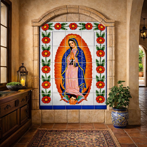 Talavera Guadalupe mexican tile mural installed as a decorative focal wall in a traditional house entry space