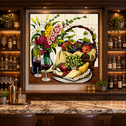 Talavera tile mural – fruits & wine in a home bar with wood cabinetry, glassware, and warm lighting.